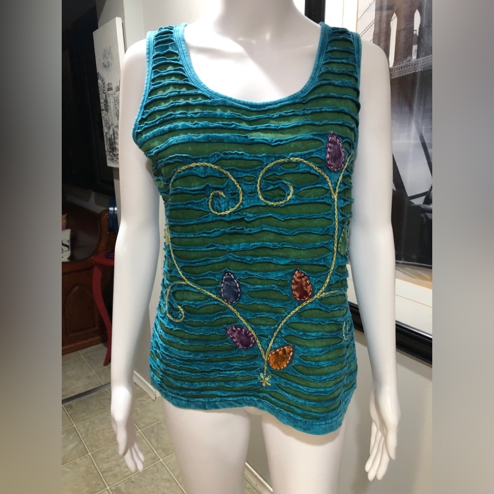 EUC the Ark:  Embroidered Green and Blue Women's Top